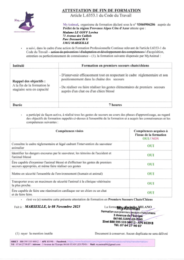 Diplôme Premiers Secours canin et félin